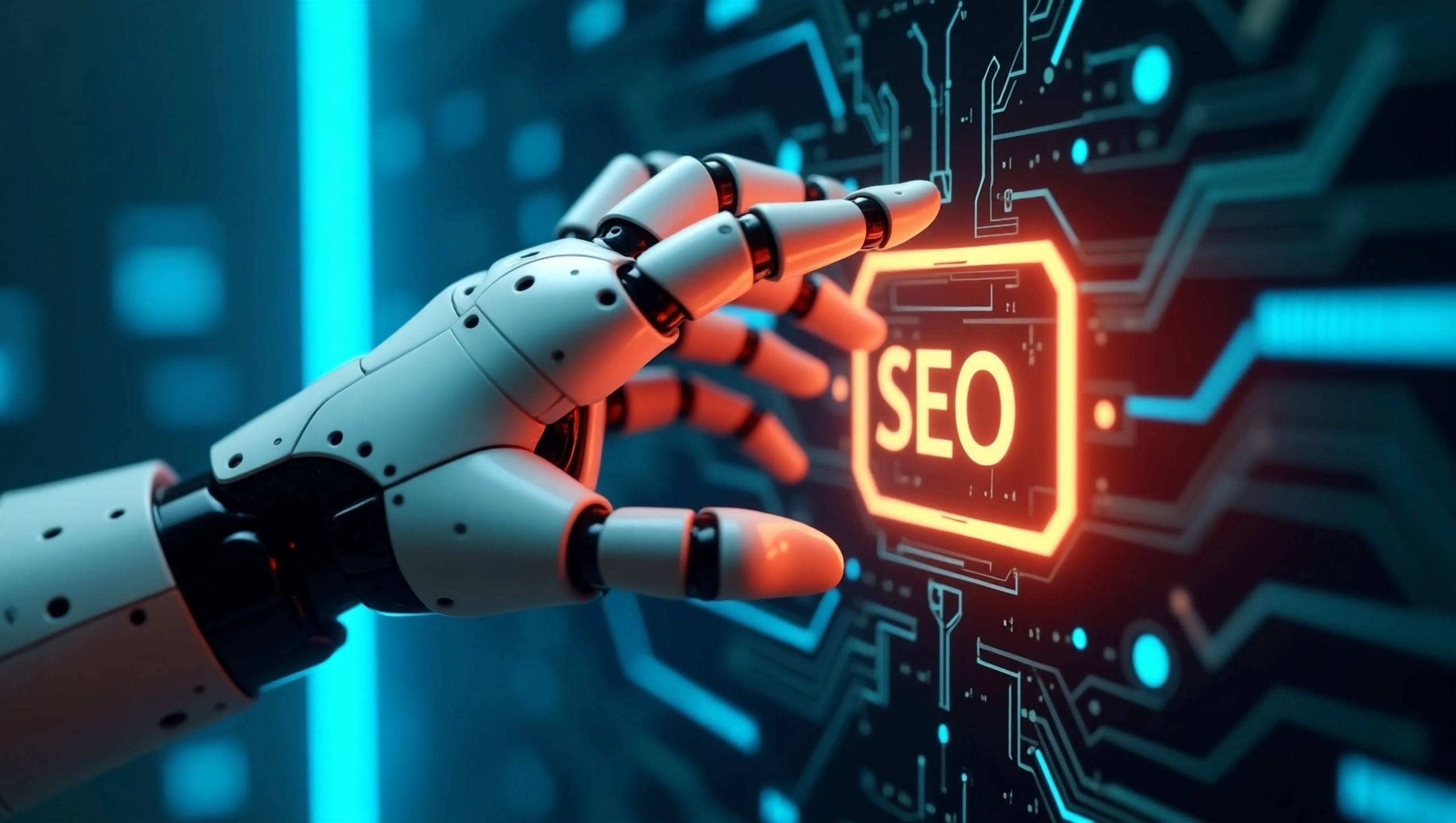 MANO DE UN ROBOT ACERCANDOSE A UNAS LETRAS DEO EN UN ENTONRO FUTURISTICO Y DIGITAL